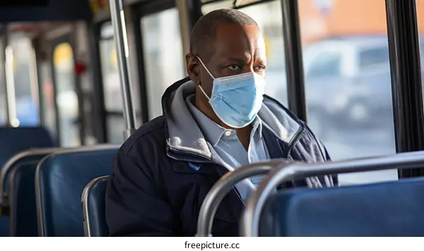 A Black man wearing a mask is sitting on a bus
