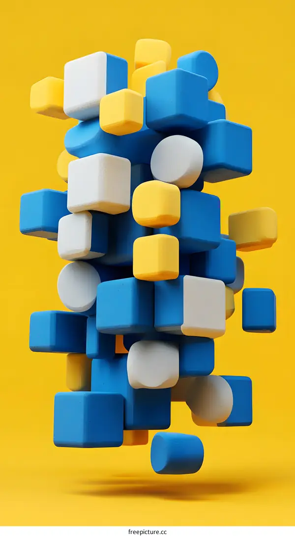 Abstract 3D Geometric Shapes in Blue Yellow and White Colors