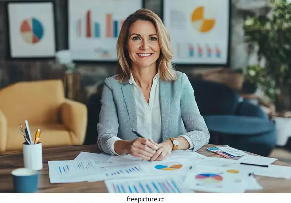 Businesswoman Analyzing Data in Modern Office