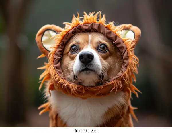 A cute dog wearing a lion costume