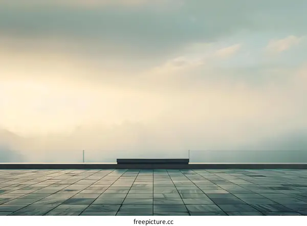 Empty Rooftop with Foggy Sky and Bench