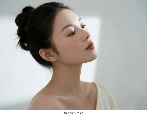 A Young Woman with Hair Bun and Closed Eyes in Soft Light