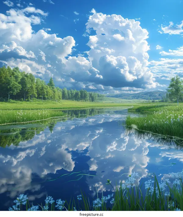 Serene Landscape: Blue Sky, White Clouds, Green Field and River