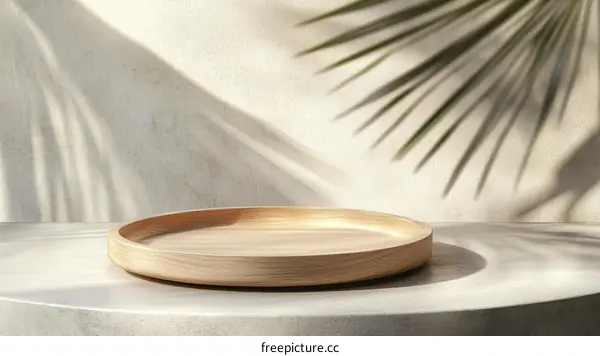 Wooden Tray Display Against Beige Wall with Palm Leaf Shadow