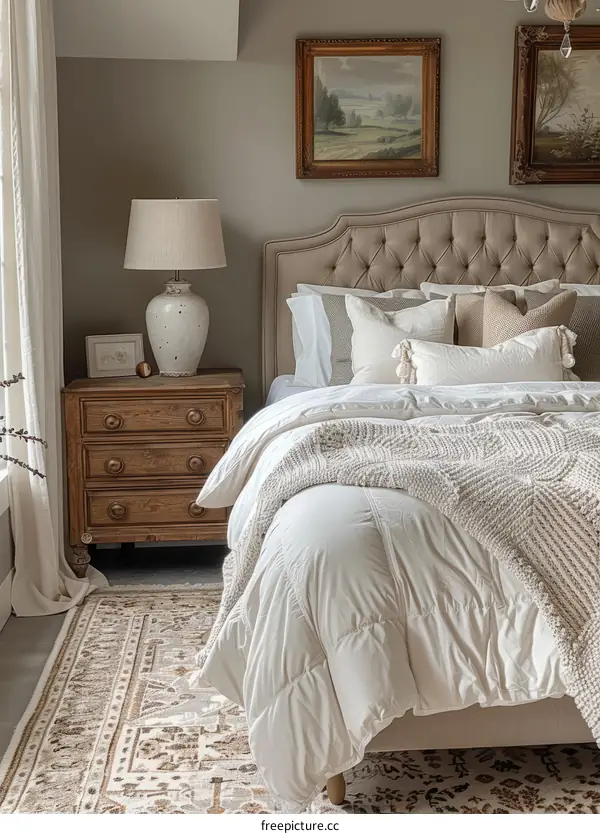 Tufted Headboard and Patterned Rug in Elegant Bedroom