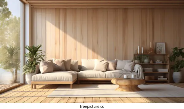 Bright wooden living room interior with large windows and comfortable sofa
