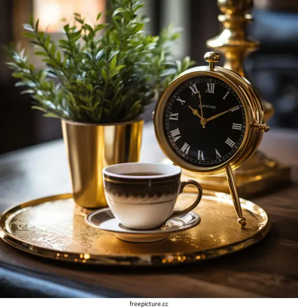 Elegant still life with a cup of tea and a clock