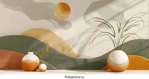 Abstract Wall Art with Orange and Green Vases