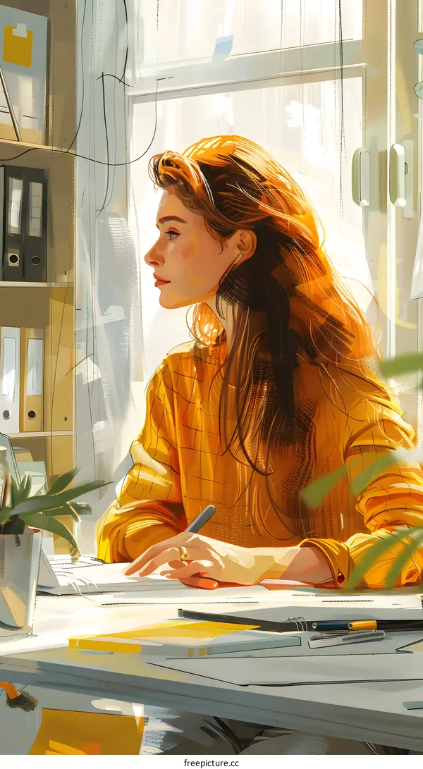 A woman is sitting at a desk in an office.