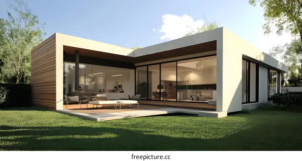 Modern House with Wooden Deck and Large Windows