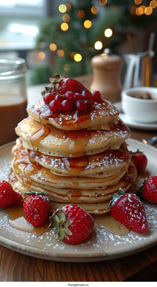 Decadent Stack of Pancakes with Fresh Strawberries and Red Currants