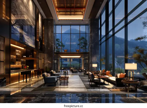 Modern Luxury Hotel Lobby with Panoramic Mountain View