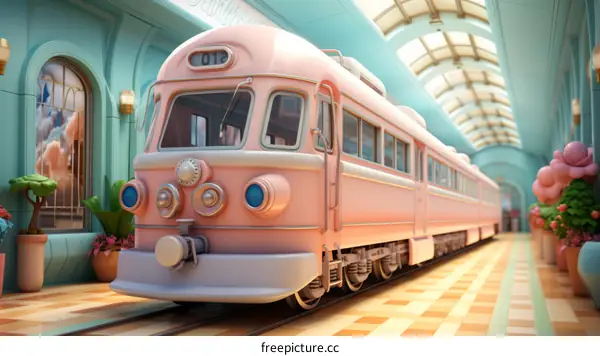 A pink cartoon train is in a station