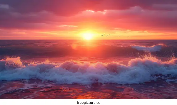Beautiful sunset over the ocean with big waves crashing on the shore