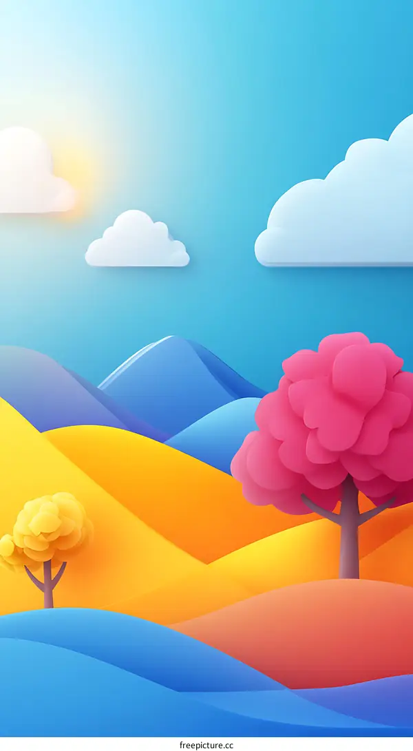 Abstract Paper Cut Out Style Landscape Illustration With Mountains, Hills, Trees And Clouds