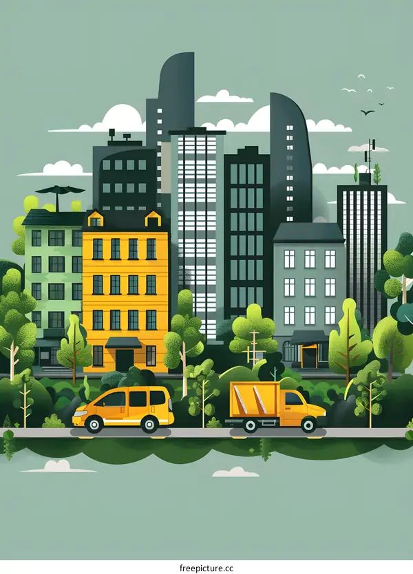Green Cityscape Illustration with Buildings, Trees, and Vehicles