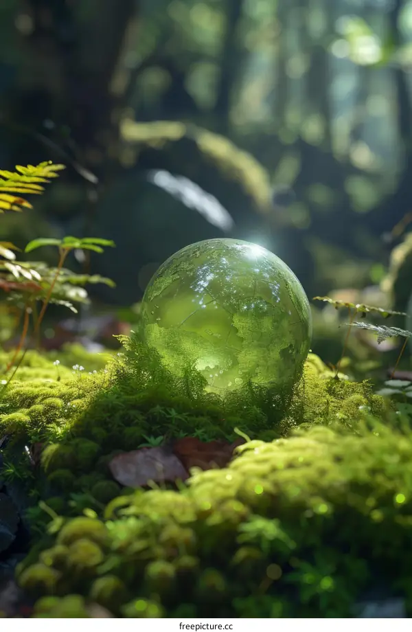 glass ball in middle of green moss and ferns in forest