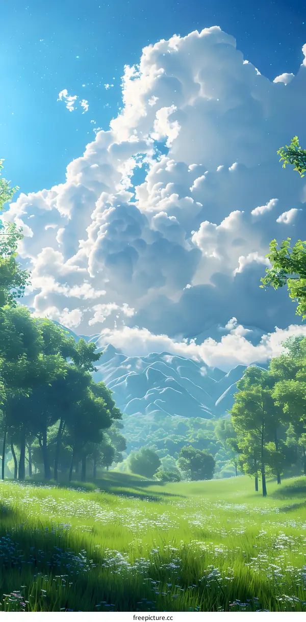 The vast grassland at the foot of the mountain is full of green trees and flowers, with white clouds and blue sky