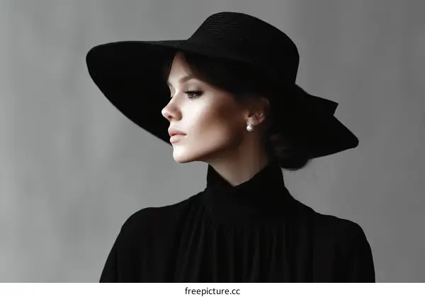 Elegant Woman in Black Hat and Dress