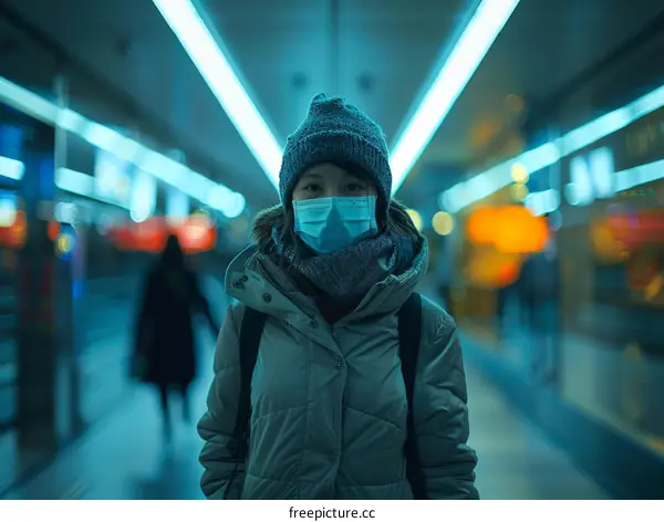 Portrait of a young woman wearing a mask in a subway station