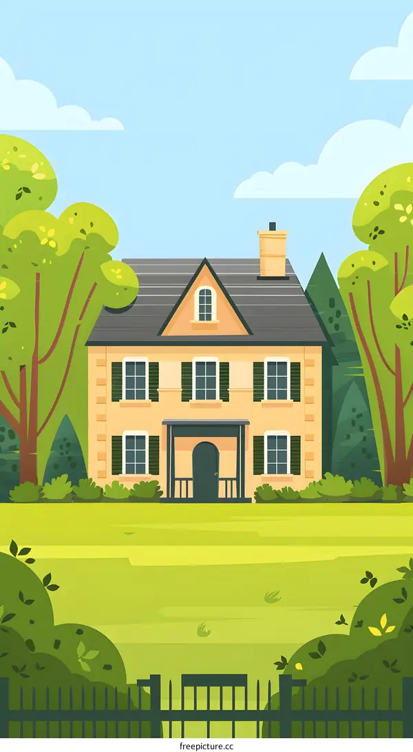 Cartoon Illustration of House with Front Yard and Fence