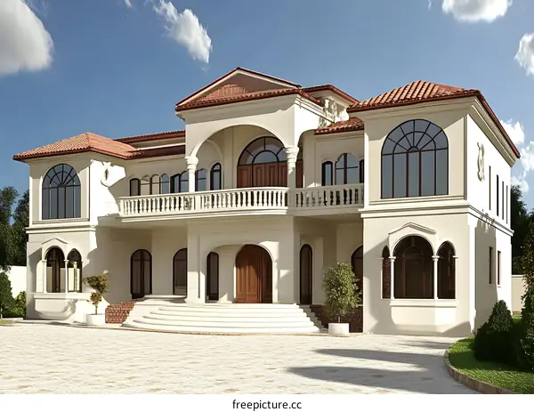Mediterranean Style Luxury Home with Balcony and Arched Windows