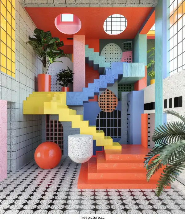 A colorful 3D rendering of a room with stairs, plants, and geometric shapes.