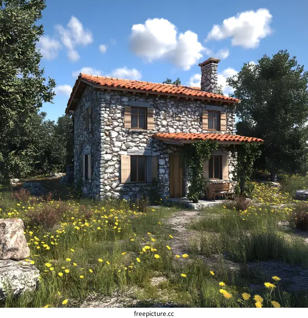 Stone Cottage in a Meadow with Flowers and a Path