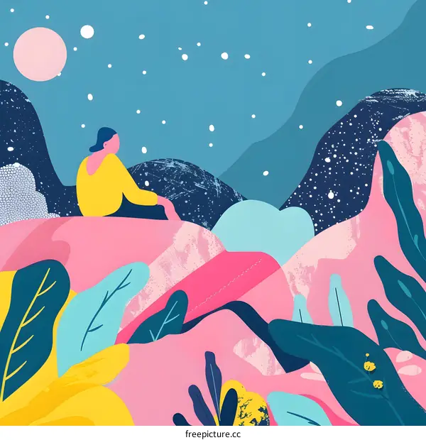 Woman Sitting on Mountain Top Looking at Stars