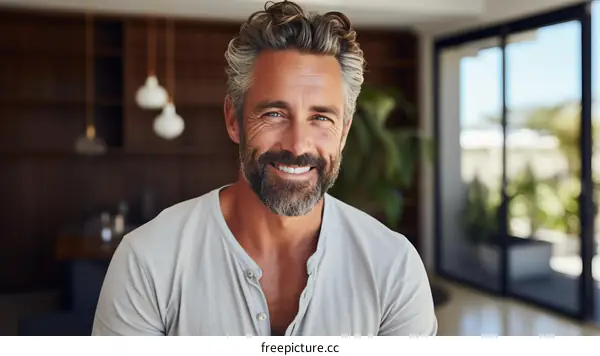 Portrait of a handsome smiling man with gray hair and beard