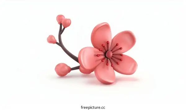 Pink cartoon cherry blossom flower with buds on white background