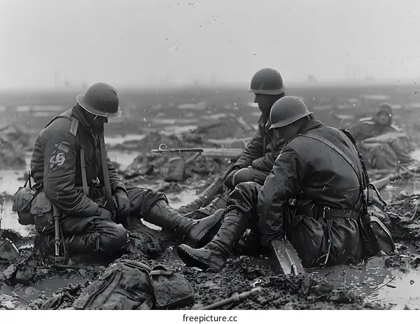 Three American soldiers in a muddy foxhole during World War II
