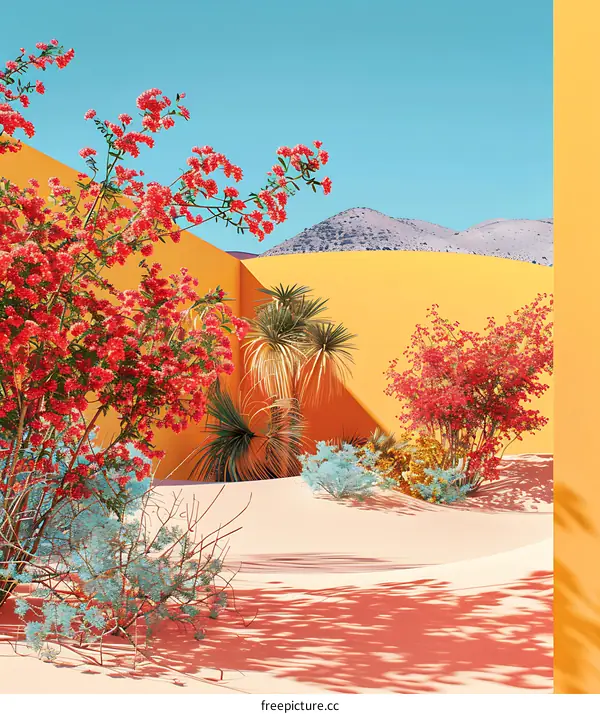 Desert Landscape With Colorful Plants and Palm Trees