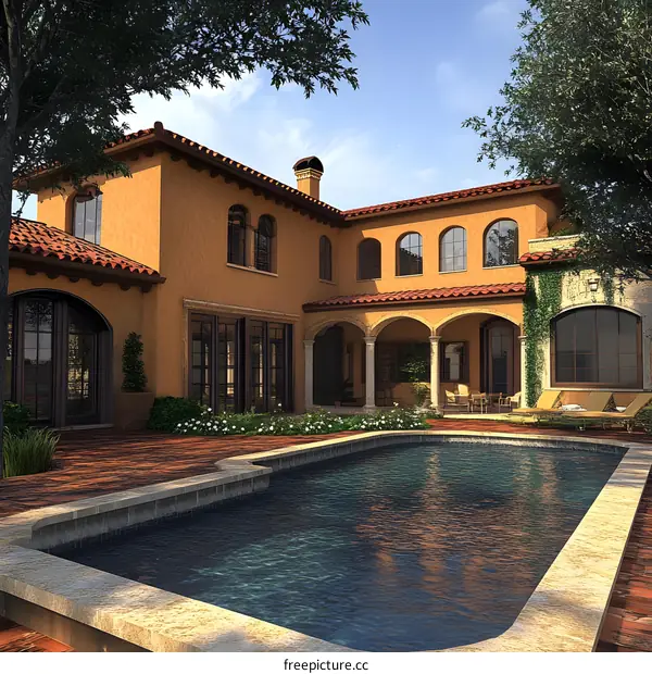 Backyard of a Beautiful Mediterranean Style Home with a Swimming Pool