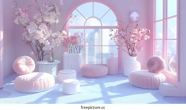 Pink and White Living Room with Blossom Trees