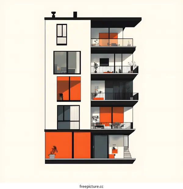 Modern Apartment Building with Orange Accents and Balconies