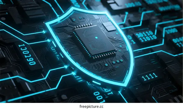 Cybersecurity Shield Protecting Circuit Board with Microchip