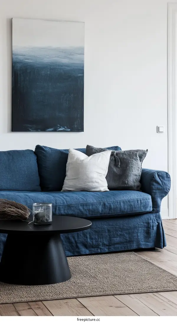 Modern Living Room Interior Design with Blue Sofa and Abstract Artwork