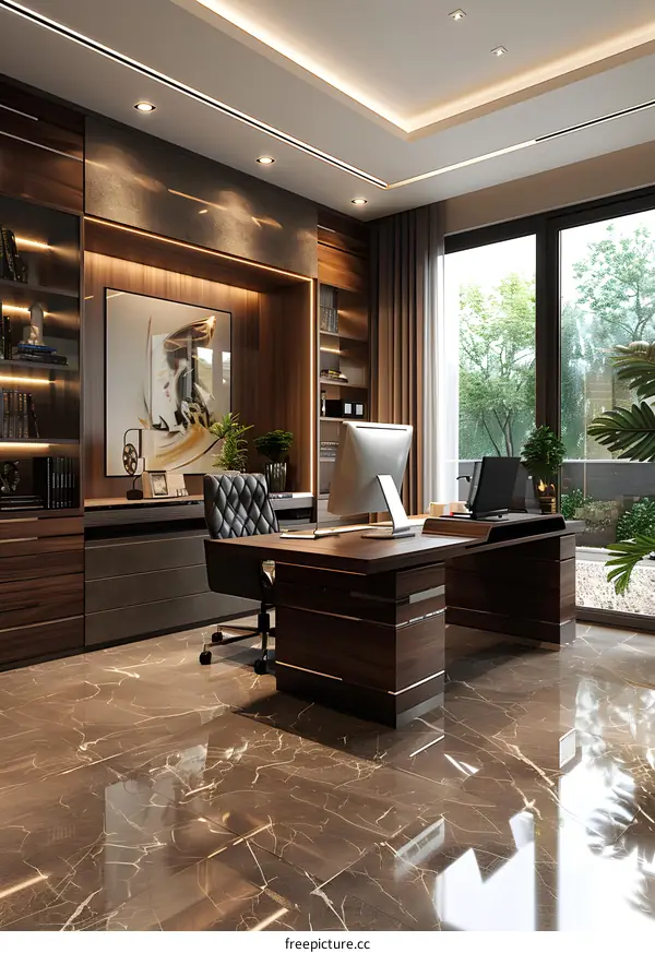 Modern home office interior design with large windows and marble floor