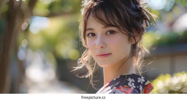 Japanese Woman in Kimono in Park