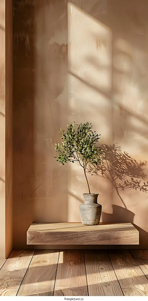 Minimalist Interior Design with Plant and Wooden Shelf