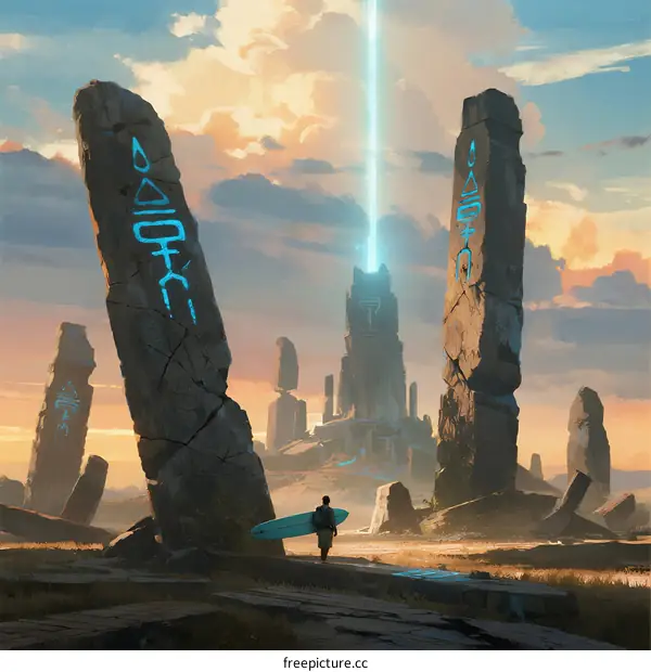 Mysterious Ancient Pillars with Glowing Symbols and Surfer