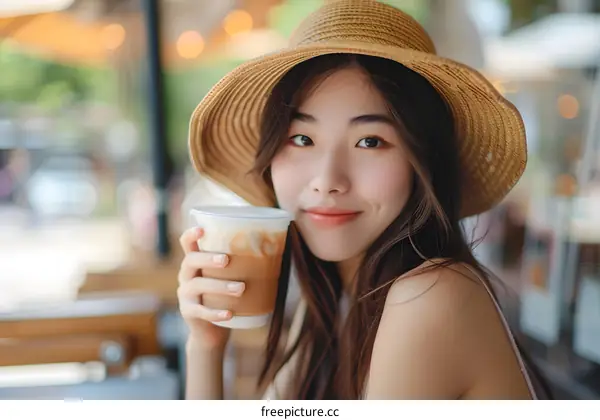 Asian Woman Enjoying a Coffee on a Sunny Day