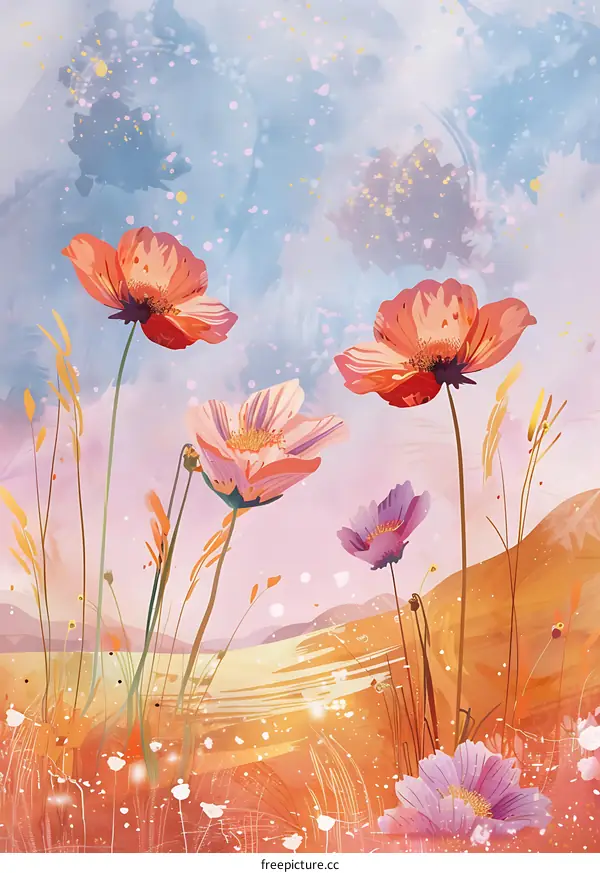 Watercolor Floral Illustration with Pink and Orange Flowers