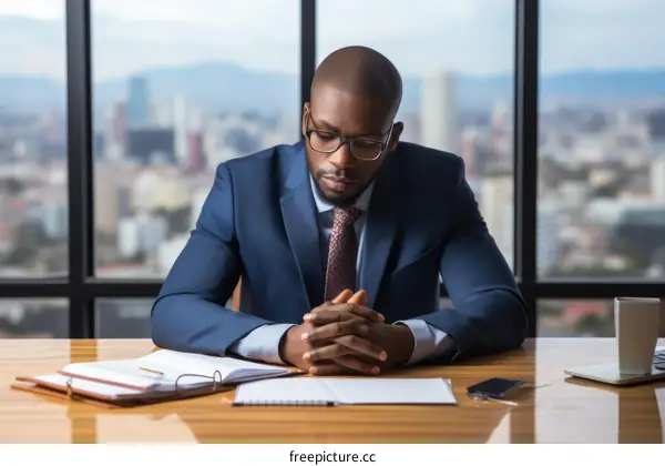 A businessman wearing a suit and glasses is sitting at a desk in an office looking at a document with a serious facial expression