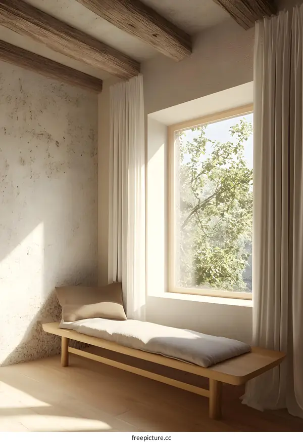 Modern Minimalist Window Seat with Beige Cushion in a Light and Airy Room