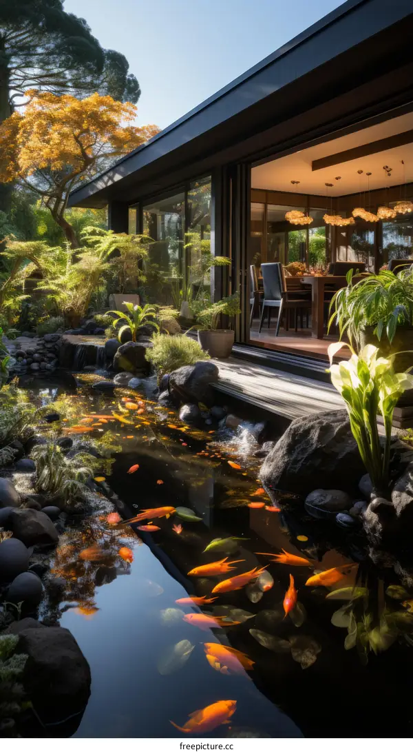 A beautiful pond with a waterfall and a house in the background