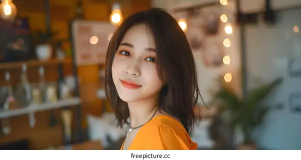 Smiling Woman with Orange Shirt in Cafe
