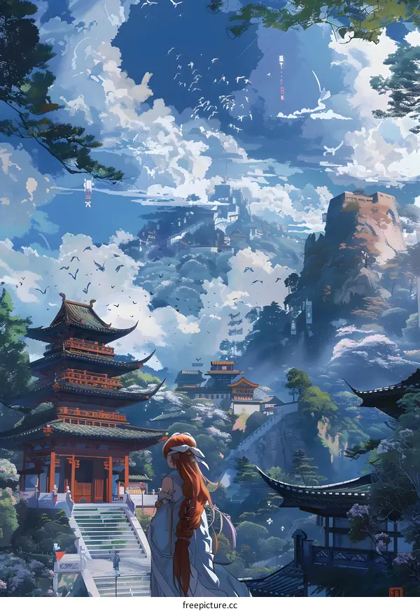 Fantasy Chinese Landscape With Pagoda and Woman