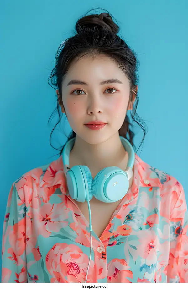 Woman with Headphones and Floral Shirt